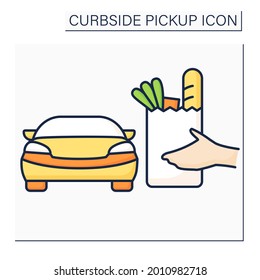 Curbside pickup color icon. Store employee brings pickup grocery bag to consumer vehicle. Safe purchases. Contact-free delivery concept. Isolated vector illustration