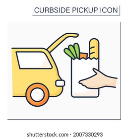 Curbside Pickup Color Icon. Transporting Products From Grocery Into Car Trunk. Safe Way To Pick Up Orders From Supermarkets. Contact-free Delivery Concept. Isolated Vector Illustration