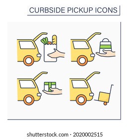 Curbside pickup color icons set. Contactless parcel, cargo obtaining into car truck. Courier delivery. Shopping concept. Isolated vector illustrations