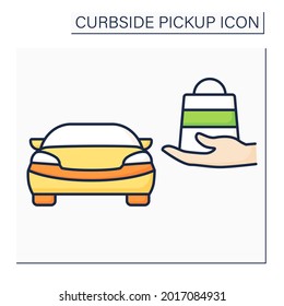 Curbside pickup color icon.Store associate brings pickup order out to consumer vehicle. Contact-free delivery concept. Isolated vector illustration