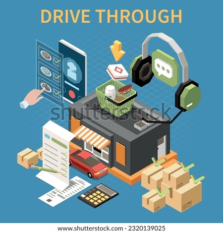 Curbside pickup drive thru drive through isometric composition with icons of ordering packing and taking goods vector illustration
