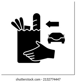 Curbside pickup glyph icon. Grocery products delivery. From hand to car. Safety delivery. Contact-free delivery concept.Filled flat sign. Isolated silhouette vector illustration