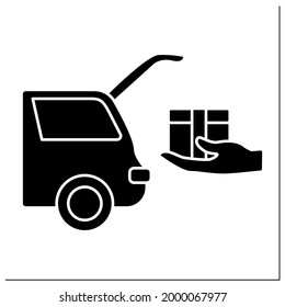 Curbside pickup glyph icon. Shipping parcel into car trunk. Store associate brings pickup order. Contact-free delivery concept.Filled flat sign. Isolated silhouette vector illustration