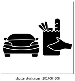 Curbside pickup glyph icon. Store employee brings pickup grocery bag to consumer vehicle. Safe purchases. Contact-free delivery concept.Filled flat sign. Isolated silhouette vector illustration
