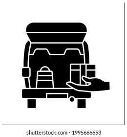 Curbside pickup glyph icon.Delivery parcel into car trunk. Pick up orders from supermarkets, stores. Contact-free delivery concept.Filled flat sign. Isolated silhouette vector illustration