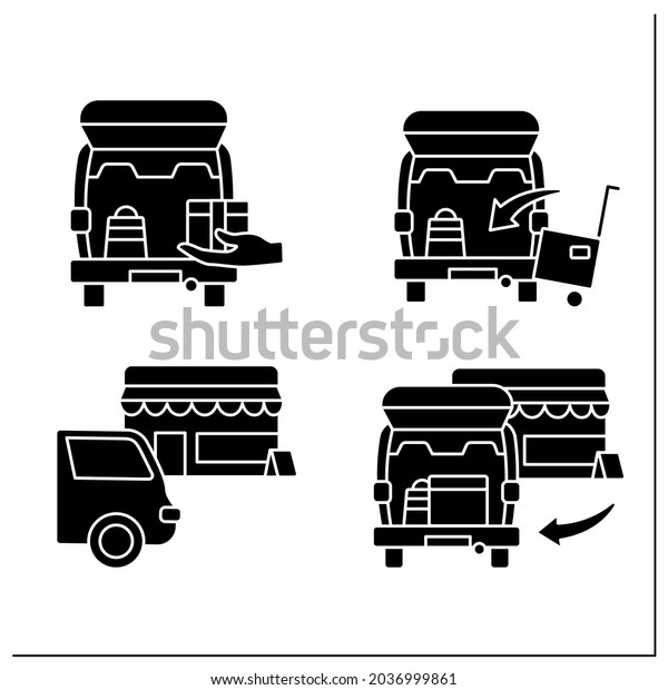 Curbside pickup\
glyph icons set. Contactless parcel, cargo obtaining into car\
truck. Courier delivery. Shopping concept.Filled flat signs.\
Isolated silhouette vector\
illustrations