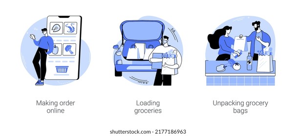 Curbside pickup at a grocery store isolated cartoon vector illustrations set. Making order online, buying food, worker put groceries into customers car, unpacking bags with purchases vector cartoon.