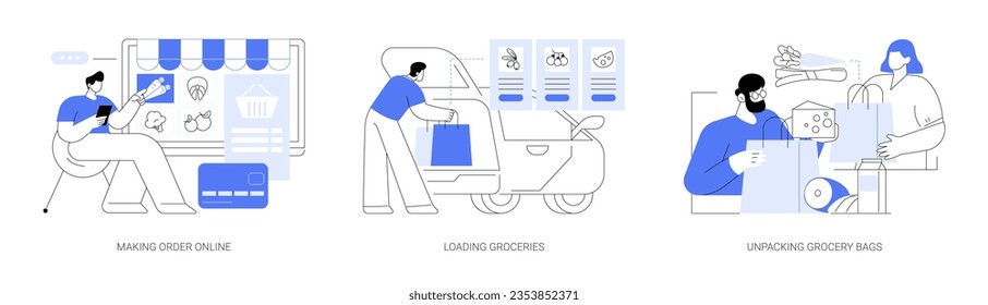 Curbside pickup at a grocery store isolated cartoon vector illustrations set. Making order online, buying food, worker put groceries into customers car, unpacking bags with purchases vector cartoon.