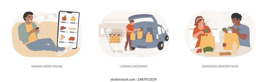 Curbside pickup at a grocery store isolated cartoon vector illustrations set. Making order online, buying food, worker put groceries into customers car, unpacking bags with purchases vector cartoon.