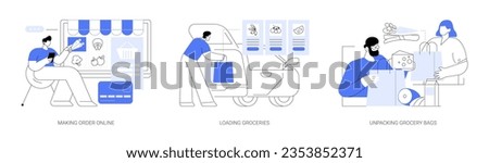 Curbside pickup at a grocery store isolated cartoon vector illustrations set. Making order online, buying food, worker put groceries into customers car, unpacking bags with purchases vector cartoon.