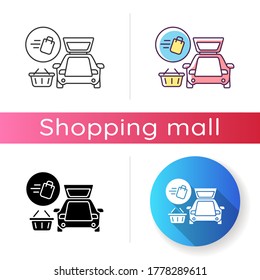 Curbside pickup icon. Food delivery. Delivering groceries by automobile. Online supermarket products courier service. Linear black and RGB color styles. Isolated vector illustrations