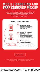 Curbside pickup instructions for online or mobile app orders Mobile application design or banner vector illustration. For contactless payment, and delivery or pickup.