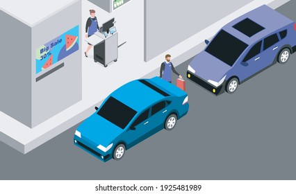 Escena isométrica de la camioneta de la verja del sistema de bopis de la tienda con coches delante de la tienda