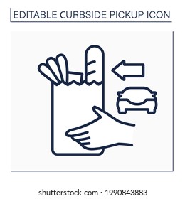 Curbside pickup line icon. Grocery products delivery. From hand to car. Safety delivery. Contact-free delivery concept. Isolated vector illustration. Editable stroke