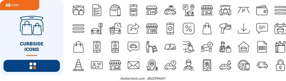 Curbside pickup line icon set covering click, and, collect, and drive concepts, thin linear illustration.