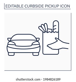 Curbside pickup line icon. Store employee brings pickup grocery bag to consumer vehicle. Safe purchases. Contact-free delivery concept. Isolated vector illustration. Editable stroke