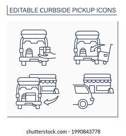 Curbside pickup line icons set. Contactless parcel, cargo obtaining into car truck. Courier delivery. Shopping concept. Isolated vector illustrations. Editable stroke