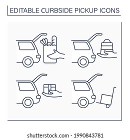 Curbside pickup line icons set. Contactless parcel, cargo obtaining into car truck. Courier delivery. Shopping concept. Isolated vector illustrations. Editable stroke