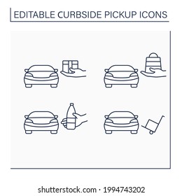 Fijación de iconos de la línea de captura del borde de la cortina. Parcela sin contacto, carga obtenida. Entrega de nutrientes. Concepto de compras. Ilustraciones vectoriales aisladas. Trazo editable
