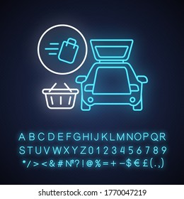 Curbside pickup neon light icon. Food delivery. Online supermarket products courier service. Outer glowing effect. Sign with alphabet, numbers and symbols. Vector isolated RGB color illustration