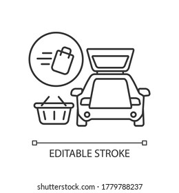 Curbside aufheben Pixel perfekte lineares Symbol. Lieferung von Nahrungsmitteln. Lebensmittel per Auto liefern. Dünne, anpassbare Illustration. Contour-Symbol. Vektor-einzelne Rahmenzeichnung. Bearbeitbarer Hub