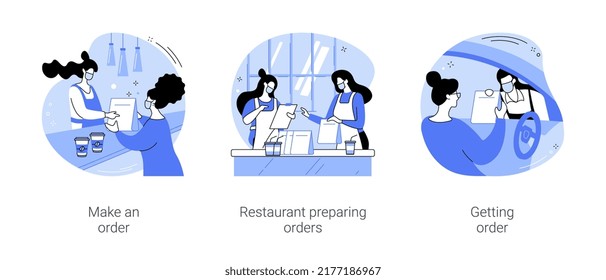 Curbside pickup at a restaurant isolated cartoon vector illustrations set. Making order at a restaurant outdoor, worker pack food in bags, prepare takeway meal, take out service vector cartoon.