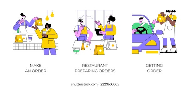 Colocación en un restaurante aislado ilustraciones vectoriales de dibujos animados. Haciendo el orden en un restaurante al aire libre, los trabajadores empacan comida en bolsas, preparan comida para llevar, sacan caricatura de vectores de servicio.