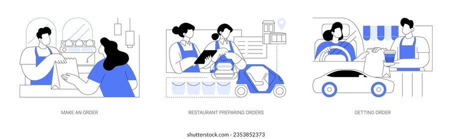 Curbside pickup at a restaurant isolated cartoon vector illustrations set. Making order at a restaurant outdoor, worker pack food in bags, prepare takeway meal, take out service vector cartoon.