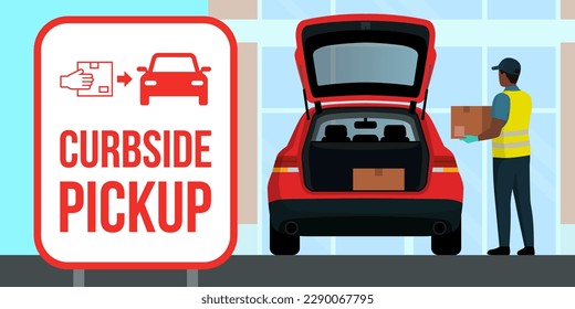 Curbside-pickup out of the store: man putting boxes in a car trunk