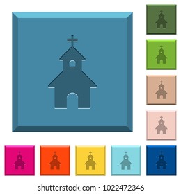 Curch engraved icons on edged square buttons in various trendy colors