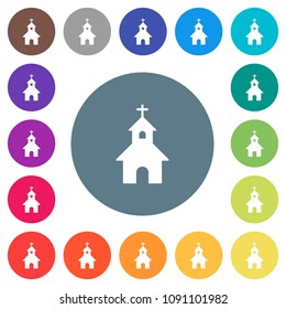 Curch flat white icons on round color backgrounds. 17 background color variations are included.