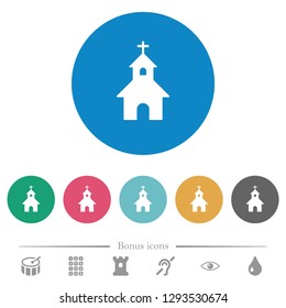 Curch flat white icons on round color backgrounds. 6 bonus icons included.