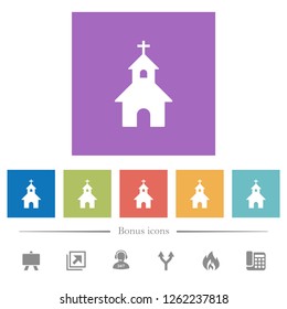 Curch flat white icons in square backgrounds. 6 bonus icons included.