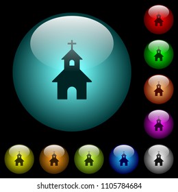 Curch icons in color illuminated spherical glass buttons on black background. Can be used to black or dark templates