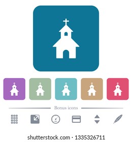 Curch white flat icons on color rounded square backgrounds. 6 bonus icons included