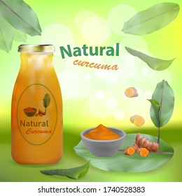 Curcuma advertising juice. curcuma realistic vector with its leaves. curcuma vector powder with distinctive colors. 