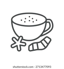 Icono de Curcuma Latte. Ilustración de línea delgada de una taza llena de leche dorada y raíces de cúrcuma, bebida antiinflamatoria, latte de especias a base de hierbas y bebida ayurvédica de bienestar. Latte de cúrcuma aislado.