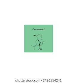 Curcumenol skeletal structure diagram.Sesquiterpene compound molecule scientific illustration on green background.