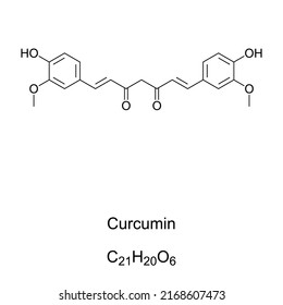 Curcumin, chemical formula and structure of the Keto form. Yellow chemical, produced by plants of Curcuma longa species. Principal curcuminoid of turmeric. E 100, a dietary supplement and food color.