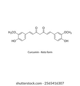 Curcumin (Enol form) skeletal structure diagram.Curcuminoid compound molecule scientific illustration.