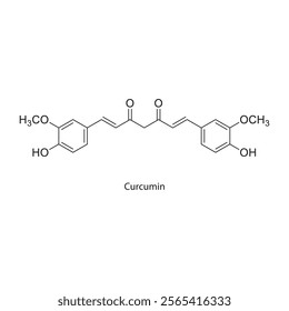 Curcumin skeletal structure diagram.Curcuminoid compound molecule scientific illustration.