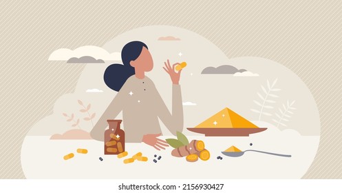 Curcumin Supplements And Tumeric Herb Powder Or Pills Tiny Person Concept. Cumin Herbal Drugs From Yellow Natural Root Plant Vector Illustration. Alternative Medicine With Aromatic Spice Treatment.