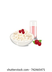 Curd with raspberries on white background
