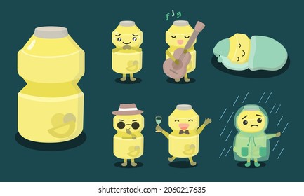 Curdled milk cartoon characters in various posing and emotional such as hello, play music, sleep, cool, happy. Vector sour milk character or mascot in different pose and activities