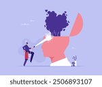 Cure anxiety and stress concept, therapy to cool down burning mind or anger, reduce burnout or mental illness, depression, man with fire extinguisher try to extinguish burning fire on human head