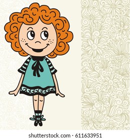 Cure cartoon girl and floral background. Vector illustration.