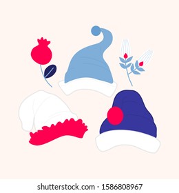 Cure christmas hats and pink and blue flowers in a vector illustration, perfect to use on the web or in print