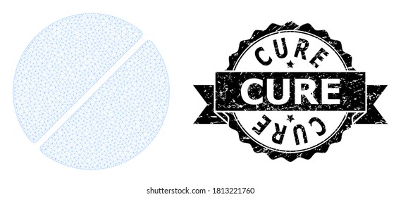 Cure la estructura de malla del sello corroido y del comprimido de medicación vectorial. El sello negro tiene la leyenda Cure dentro de cinta y rosette. Comprimido de medicación de malla plana abstracta, diseñado con malla plana.