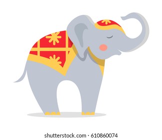 Cura elefante en ícono de capa ornamentada. elefante corto con caricatura en el maletero levantado vector plano aislado en fondo blanco. Dibujo de animales de circo exótico entrenado para conceptos de viaje, logos, web