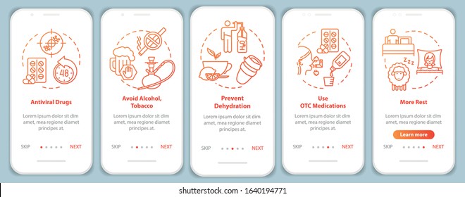 Cure flu onboarding mobile app page screen with concepts. Medication for flu. Relax and sleep. Remedy walkthrough 5 steps graphic instructions. UI vector template with RGB color illustrations